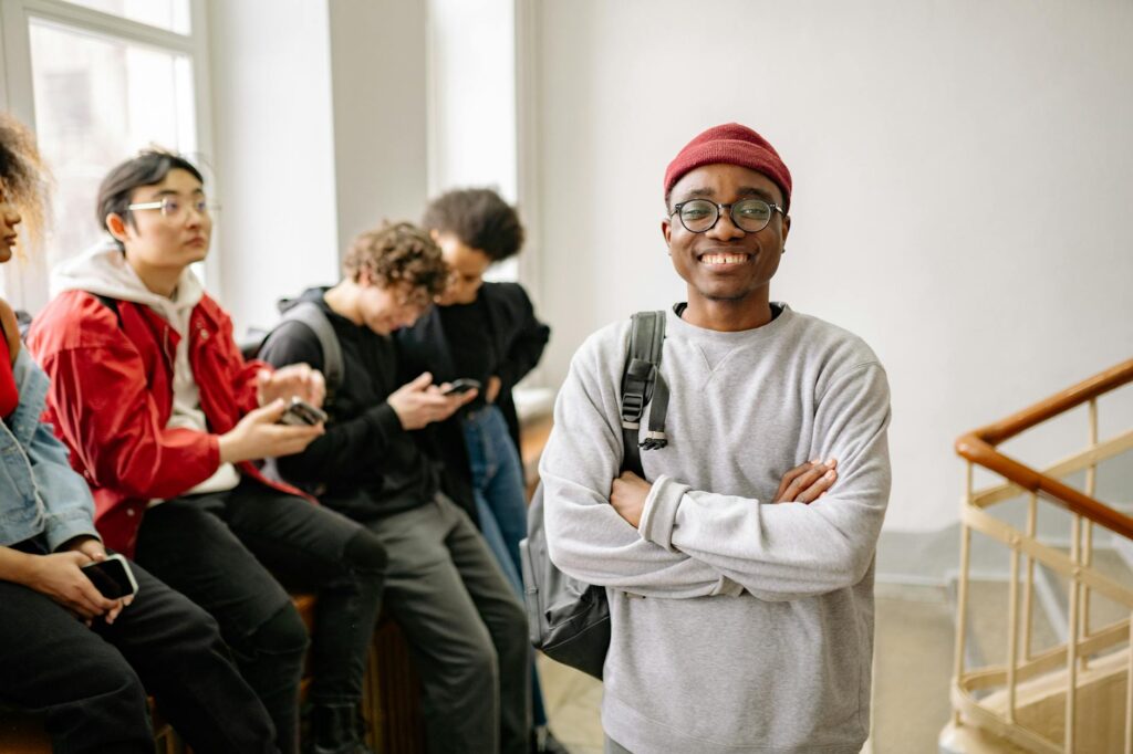 student in grimp suit
